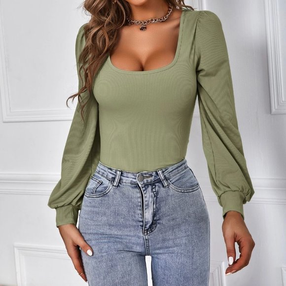 Khaki Green Long Sleeved  Ribbed Tee - Picture 4 of 7